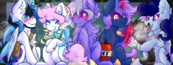 Size: 3200x1200 | Tagged: safe, artist:iroxykun, derpibooru import, oc, oc only, oc:feather paint, oc:frozen soul, oc:nebula stargazer, oc:stocking stuffer, oc:tetra, cat, pegasus, pony, unicorn, blushing, cute, diamonds, explosives, eyes closed, female, friends, group, group photo, happy, horn, magic, male, mare, minecraft, pet, pet oc, pickaxe, saddle bag, smiling, stallion, sword, thinking, tnt, weapon, wings