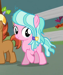 Size: 323x381 | Tagged: safe, edit, edited screencap, screencap, aquamarine, button mash, liquid button, sugar stix, earth pony, pony, crusaders of the lost mark, aquamarine wears everything, background pony, blank flank, cropped, female, filly, foal, hair tie, hat, propeller hat, solo focus