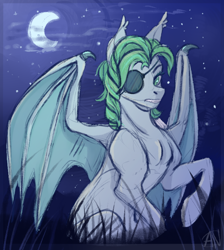 Size: 752x839 | Tagged: safe, artist:1an1, oc, oc only, oc:icy mint, bat pony, pony, bat wings, crescent moon, eyepatch, moon, night, solo, stars, wings