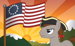 Size: 1134x705 | Tagged: safe, artist:snapshot1994, derpibooru import, earth pony, pony, american flag, colonial, male, mountain, patriotism, ponytail, solo, stallion, sunset, tricorne, united states