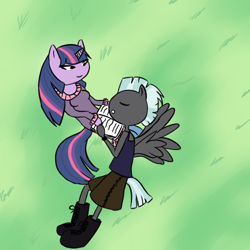 Size: 500x500 | Tagged: safe, artist:seryva, thunderlane, twilight sparkle, anthro, book, female, grass, lying in grass, male, nap, shipping, sleeping, straight, twilane