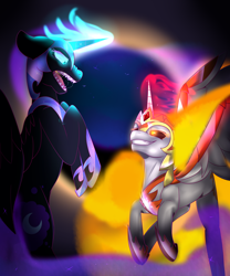 Size: 2500x3000 | Tagged: safe, artist:digiko-kagami, daybreaker, nightmare moon, alicorn, pony, a royal problem, armor, duo, female, magic, mane of fire, mare, open mouth