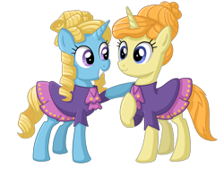 Size: 2448x2016 | Tagged: safe, artist:thecheeseburger, four step, primrose, pony, unicorn, background pony, clothes, dress, duo, female, hooves, horn, looking at each other, mare, raised hoof, simple background, smiling, teeth, transparent background