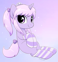 Size: 1597x1703 | Tagged: safe, artist:moozua, oc, oc only, oc:lullaby tiara, bow, clothes, jewelry, pastel, socks, solo, striped socks, tail bow, tiara