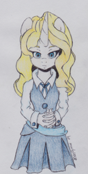 Size: 830x1630 | Tagged: safe, artist:marta4708, anthro, unicorn, clothes, diana cavendish, little witch academia, ponified, school uniform, skirt, solo, traditional art