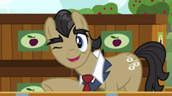 Size: 842x472 | Tagged: safe, derpibooru import, screencap, filthy rich, earth pony, pony, where the apple lies, male, one eye closed, solo, stallion, wink