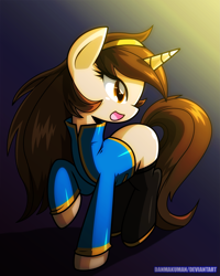 Size: 2403x3000 | Tagged: safe, artist:danmakuman, oc, oc only, pony, unicorn, clothes, female, mare, open mouth, raised hoof, solo