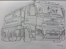 Size: 3264x2448 | Tagged: safe, artist:orang111, derpibooru import, limestone pie, marble pie, car, dreamcatcher, driving, dump truck, gps, monochrome, traditional art, truck, volvo, volvo fmx