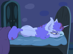 Size: 2434x1788 | Tagged: safe, artist:paskanaakka, derpibooru exclusive, oc, oc only, oc:midnight dew, pony, unicorn, back, bags under eyes, bed, blanket, both cutie marks, croup, ear fluff, grumpy, night, pillow, solo, tired