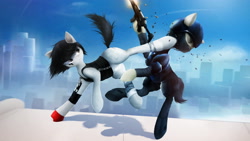 Size: 4048x2277 | Tagged: safe, artist:quvr, pony, absurd resolution, city, clothes, crossover, gun, kick, mirror's edge, ponified, rooftop, scenery, weapon
