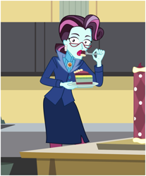 Size: 1237x1495 | Tagged: artist needed, safe, derpibooru import, principal abacus cinch, acadeca, equestria girls, friendship games, cake, caught, eating, female, food, glasses, oops, plate, shocked, solo, ummm what did i do