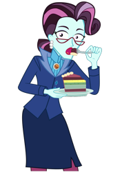 Size: 744x1052 | Tagged: artist needed, safe, derpibooru import, principal abacus cinch, equestria girls, friendship games, .svg available, cake, caught, ear piercing, earring, eating, female, food, glasses, jewelry, lipstick, makeup, piercing, plate, shocked, simple background, solo, svg, transparent background, vector