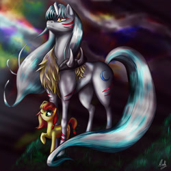 Size: 2362x2362 | Tagged: safe, artist:scully8472, derpibooru import, broken horn, crepuscular rays, frown, grass, inuyasha, looking up, open mouth, ponified, raised hoof, rin, sesshomaru, size difference, sky, smiling, tattoo