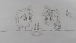 Size: 5312x2988 | Tagged: safe, artist:parclytaxel, twilight sparkle, twilight sparkle (alicorn), oc, oc:parcly taxel, alicorn, pony, ain't never had friends like us, albumin flask, alicorn oc, birthday cake, cake, candle, cheesecake, food, horn ring, japan, lineart, monochrome, parcly taxel in japan, pencil drawing, sapporo, smiling, story included, traditional art