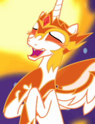 Size: 296x388 | Tagged: safe, screencap, daybreaker, alicorn, pony, a royal problem, animated, cropped, gif, laughing, solo
