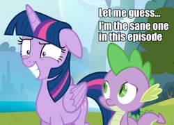 Size: 960x691 | Tagged: safe, edit, edited screencap, screencap, spike, twilight sparkle, twilight sparkle (alicorn), alicorn, dragon, pony, to where and back again, image macro, meme