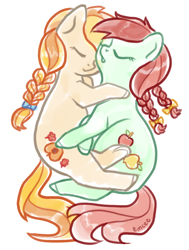 Size: 682x900 | Tagged: safe, artist:mcponyponypony, candy apples, earth pony, pony, apple family member, braid, cuddling, eyes closed, peach melba, simple background, sleeping, snuggling