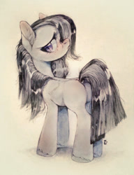 Size: 518x675 | Tagged: safe, artist:locksto, marble pie, earth pony, pony, cute, dock, frown, looking at you, looking back, looking back at you, marblebetes, plot, sad, sadorable, solo, standing, traditional art, watercolor painting