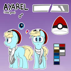 Size: 1280x1280 | Tagged: safe, artist:victoreach, oc, oc only, oc:ayarel, earth pony, pony, beanie, blank flank, clothes, gradient background, hat, looking at you, pokéball, pokémon, purple background, reference sheet, scarf, simple background, smiling, solo