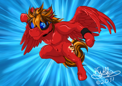 Size: 3508x2480 | Tagged: safe, artist:h-stallionwolf, oc, oc only, oc:marker pace, pegasus, pony, action pose, anime, belly button, fire, flight, flying, goggles, male, muscles, ponysona, race, racer, solo, speed, speed lines, stallion