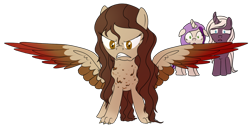 Size: 1020x520 | Tagged: safe, artist:karmadash, derpibooru import, oc, oc only, oc:calore, oc:krystal feathers, oc:nami, hippogriff, pegasus, pony, unicorn, angry, scared, slit eyes