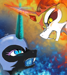 Size: 900x1000 | Tagged: safe, artist:joselyn, daybreaker, nightmare moon, pony, a royal problem, fangs, frown, horns are touching, sharp teeth, teeth