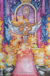 Size: 1901x2861 | Tagged: safe, artist:lunar-white-wolf, daybreaker, alicorn, pony, a royal problem, female, fire, mare, smiling, solo, throne, throne room, traditional art