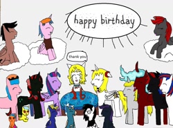 Size: 1299x963 | Tagged: safe, artist:ask-luciavampire, derpibooru import, oc, oc only, alicorn, pegasus, pony, unicorn, vampire, vampony, alicorn oc, banner, beret, birthday, birthday cake, birthday candles, cake, food, happy birthday, hat, sitting, tumblr, tumblr:ask-luciavampire