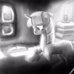 Size: 3000x3000 | Tagged: safe, artist:scayged, derpibooru import, twilight sparkle, book, candle, monochrome, solo