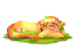 Size: 2800x2000 | Tagged: safe, artist:jazzerix, oc, oc only, oc:roshi, earth pony, pony, blushing, cute, female, floral head wreath, flower, mare, prone, simple background, solo, transparent background