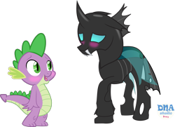 Size: 9462x6834 | Tagged: safe, artist:dnastudiobrony, derpibooru import, spike, thorax, changeling, dragon, the times they are a changeling, absurd resolution, black sclera, blushing, cute, floppy ears, gay, male, raised hoof, shipping, simple background, smiling, spikeling, thoraxspike, transparent background, vector