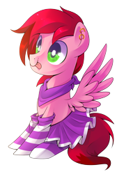 Size: 1748x2420 | Tagged: safe, artist:drawntildawn, oc, oc only, oc:cotton candy, pegasus, pony, clothes, crossdressing, cute, ear piercing, earring, femboy, jewelry, male, piercing, simple background, skirt, socks, solo, stallion, striped socks, tongue out, transparent background, trap
