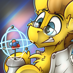 Size: 600x600 | Tagged: safe, artist:ralek, oc, oc only, oc:particle haze, pony, abstract background, atom, avatar, award, bust, clothes, glasses, icon, lab coat, model, nucleus, portrait, scale model, smiling, solo