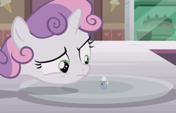 Size: 691x446 | Tagged: safe, screencap, sweetie belle, pony, forever filly, filly clown suprise, food, ice cream, solo, sundae