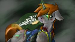 Size: 1920x1080 | Tagged: safe, artist:thunder-stream, derpibooru import, oc, oc only, oc:littlepip, pony, unicorn, fallout equestria, blood, clothes, fanfic, fanfic art, female, glowing horn, gun, handgun, horn, little macintosh, magic, mare, pipbuck, revolver, solo, telekinesis, vault suit, weapon