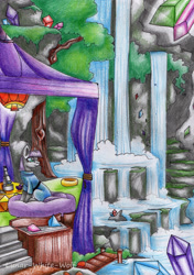 Size: 2400x3402 | Tagged: safe, artist:lunar-white-wolf, maud pie, pony, rock solid friendship, crystal, microscope, pillow, sitting, solo, traditional art, tree, water, waterfall