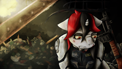 Size: 3840x2160 | Tagged: safe, artist:thunder-stream, derpibooru import, oc, oc only, oc:blackjack, pony, unicorn, fallout equestria, fallout equestria: project horizons, blood, debris, gun, scrapes, shotgun, weapon