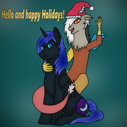 Size: 787x787 | Tagged: safe, artist:asknightterror, darkhorse knight, discord, eris, nightmare moon, alicorn, draconequus, pony, ask, christmas, duo, female, male, rule 63, stallion, tumblr, tumblr:ask night terror