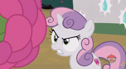 Size: 844x462 | Tagged: safe, screencap, sweetie belle, pony, forever filly, flower costume, flowerity, solo, sweetie belle is not amused