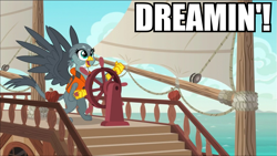 Size: 959x541 | Tagged: safe, derpibooru import, screencap, gabby, griffon, the fault in our cutie marks, 4kids, 4kids one piece, boat, gabby's shanty, impact font, lifejacket, meme, ocean, one piece, solo
