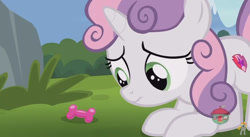 Size: 848x465 | Tagged: safe, screencap, sweetie belle, pony, forever filly, dog toy, solo