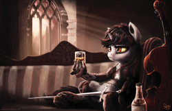 Size: 4000x2588 | Tagged: safe, artist:nemo2d, derpibooru import, oc, oc only, oc:blackjack, cyborg, pony, unicorn, fallout equestria, fallout equestria: project horizons, absurd resolution, alcohol, amputee, bottle, cello, contrabass, crepuscular rays, deus ex, deus ex: human revolution, i never asked for this, mechanized, musical instrument, prosthetic limb, prosthetics, red eyes, shot glass, sitting, solo, sword, weapon, whiskey