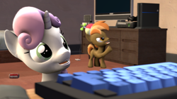 Size: 3840x2160 | Tagged: safe, artist:viranimation, button mash, sweetie belle, 3d, computer mouse, female, gaming pc, keyboard, male, nintendo, nintendo entertainment system, nintendo switch, playstation 4, shipping, source filmmaker, straight, sweetiemash, xbox 360