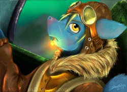 Size: 3510x2550 | Tagged: safe, artist:thunder-stream, derpibooru import, oc, oc only, aviator goggles, bomber jacket, cigarette, cockpit, pilot, plane, smoking