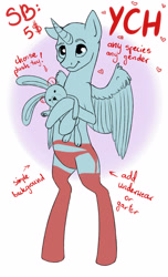 Size: 2149x3543 | Tagged: safe, artist:farcuf, derpibooru import, oc, oc only, alicorn, pony, advertisement, bipedal, clothes, commission, cute, digital art, garter belt, plushie, sketch, stockings, your character here