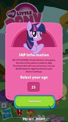 Size: 640x1136 | Tagged: safe, twilight sparkle, game, hasbro logo, my little pony logo, puzzle party, solo