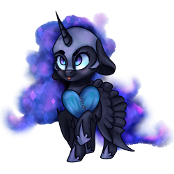 Size: 2362x2362 | Tagged: dead source, safe, artist:petrinox, derpibooru import, nightmare moon, :p, blushing, cute, filly, floppy ears, fluffy, heart, looking up, moonabetes, nicemare moon, nightmare mlem, nightmare woon, pillow, raised hoof, simple background, smiling, solo, spread wings, tongue out, transparent background, younger