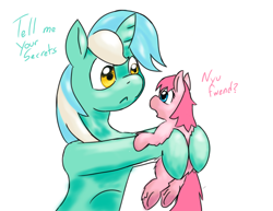 Size: 1398x1080 | Tagged: safe, artist:fluffsplosion, lyra heartstrings, fluffy pony, pony, dialogue, holding a pony, looking at each other, simple background, underhoof, white background