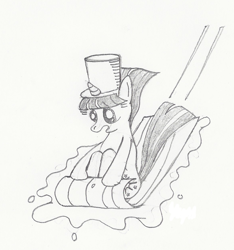 Size: 1168x1248 | Tagged: safe, artist:arctic-lux, derpibooru import, twilight sparkle, hat, monochrome, sled, solo, toboggan, top hat, traditional art