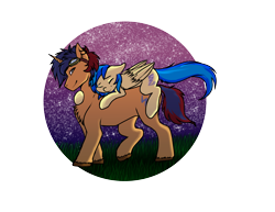 Size: 3300x2550 | Tagged: safe, artist:theecchiqueen, oc, oc only, oc:electric spark, oc:silvia, pegasus, pony, unicorn, carrying, ear piercing, earring, goggles, jewelry, outdoors, piercing, pony pillow, silspark, sleeping, stars